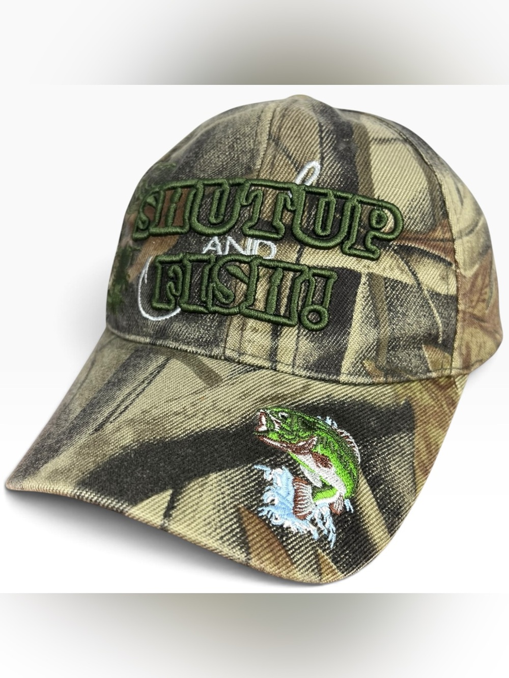 Shut Up and Fish! Embroidered Baseball Cap Hat Hook & Loop OSFA Camouflage